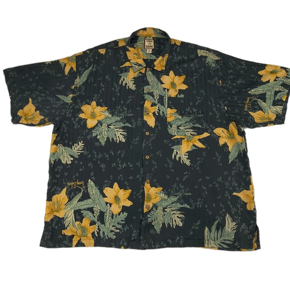 Tommy Bahama XXL Mens Silk Hawaiian Shirt Black Yellow Floral Tropical Button Up